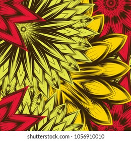 Seamless floral background. Tracery handmade nature ethnic fabric backdrop pattern with flowers. Textile design texture. Decorative color art. Vector