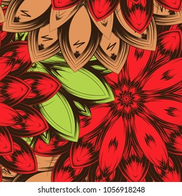 Seamless floral background. Tracery handmade nature ethnic fabric backdrop pattern with flowers. Textile design texture. Decorative color art. Vector
