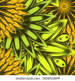 Seamless floral background. Tracery handmade nature ethnic fabric backdrop pattern with flowers. Textile design texture. Decorative color art. Vector