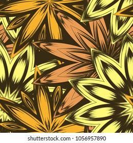 Seamless floral background. Tracery handmade nature ethnic fabric backdrop pattern with flowers. Textile design texture. Decorative color art. Vector