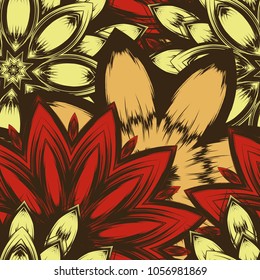 Seamless floral background. Tracery handmade nature ethnic fabric backdrop pattern with flowers. Textile design texture. Decorative color art. Vector