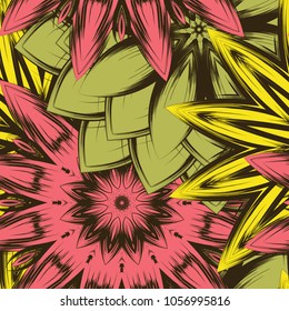 Seamless floral background. Tracery handmade nature ethnic fabric backdrop pattern with flowers. Textile design texture. Decorative color art. Vector