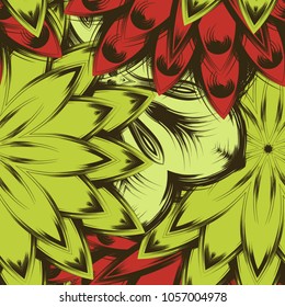 Seamless floral background. Tracery handmade nature ethnic fabric backdrop pattern with flowers. Textile design texture. Decorative color art. Vector