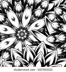 Seamless floral background. Tracery handmade nature ethnic fabric backdrop pattern with saturated dark flowers. Textile design texture. Decorative binary monochrome black and white art. Vector