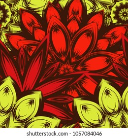 Seamless floral background. Tracery handmade nature ethnic fabric backdrop pattern with flowers. Textile design texture. Decorative color art. Vector