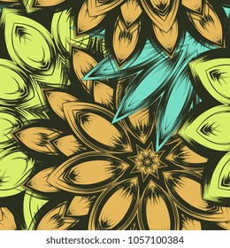 Seamless floral background. Tracery handmade nature ethnic fabric backdrop pattern with flowers. Textile design texture. Decorative color art. Vector