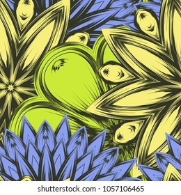 Seamless floral background. Tracery handmade nature ethnic fabric backdrop pattern with flowers. Textile design texture. Decorative color art. Vector
