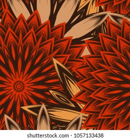Seamless floral background. Tracery handmade nature ethnic fabric backdrop pattern with flowers. Textile design texture. Decorative color art. Vector