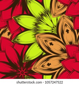 Seamless floral background. Tracery handmade nature ethnic fabric backdrop pattern with flowers. Textile design texture. Decorative color art. Vector