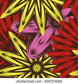 Seamless floral background. Tracery handmade nature ethnic fabric backdrop pattern with flowers. Textile design texture. Decorative color art. Vector