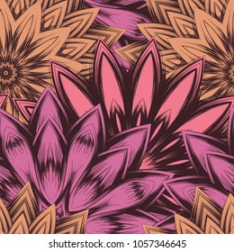 Seamless floral background. Tracery handmade nature ethnic fabric backdrop pattern with flowers. Textile design texture. Decorative color art. Vector