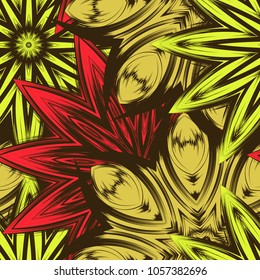 Seamless floral background. Tracery handmade nature ethnic fabric backdrop pattern with flowers. Textile design texture. Decorative color art. Vector