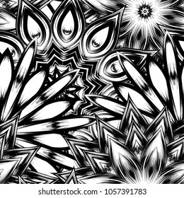 Seamless floral background. Tracery handmade nature ethnic fabric backdrop pattern with saturated dark flowers. Textile design texture. Decorative binary monochrome black and white art. Vector