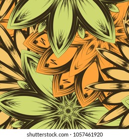 Seamless floral background. Tracery handmade nature ethnic fabric backdrop pattern with flowers. Textile design texture. Decorative color art. Vector