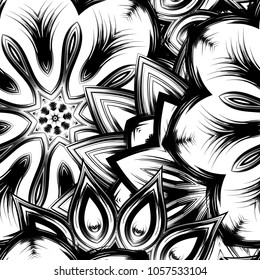 Seamless floral background. Tracery handmade nature ethnic fabric backdrop pattern with saturated dark flowers. Textile design texture. Decorative binary monochrome black and white art. Vector