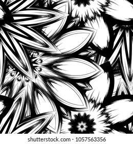 Seamless floral background. Tracery handmade nature ethnic fabric backdrop pattern with saturated dark flowers. Textile design texture. Decorative binary monochrome black and white art. Vector
