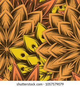 Seamless floral background. Tracery handmade nature ethnic fabric backdrop pattern with flowers. Textile design texture. Decorative color art. Vector