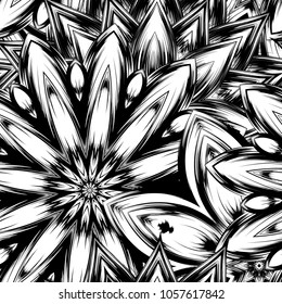 Seamless floral background. Tracery handmade nature ethnic fabric backdrop pattern with saturated dark flowers. Textile design texture. Decorative binary monochrome black and white art. Vector