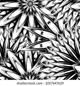 Seamless floral background. Tracery handmade nature ethnic fabric backdrop pattern with saturated dark flowers. Textile design texture. Decorative binary monochrome black and white art. Vector
