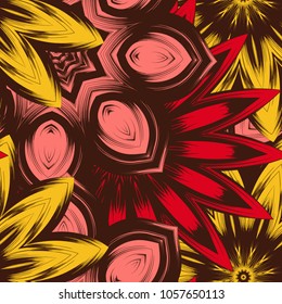 Seamless floral background. Tracery handmade nature ethnic fabric backdrop pattern with flowers. Textile design texture. Decorative color art. Vector