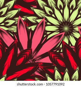 Seamless floral background. Tracery handmade nature ethnic fabric backdrop pattern with flowers. Textile design texture. Decorative color art. Vector