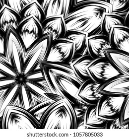 Seamless floral background. Tracery handmade nature ethnic fabric backdrop pattern with saturated dark flowers. Textile design texture. Decorative binary monochrome black and white art. Vector