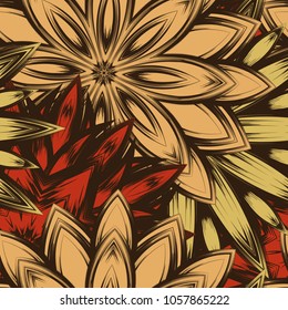 Seamless floral background. Tracery handmade nature ethnic fabric backdrop pattern with flowers. Textile design texture. Decorative color art. Vector