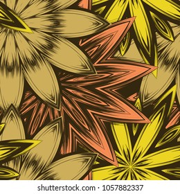 Seamless floral background. Tracery handmade nature ethnic fabric backdrop pattern with flowers. Textile design texture. Decorative color art. Vector