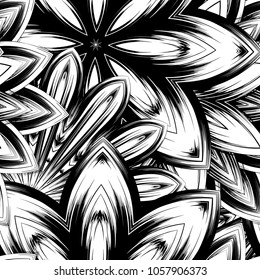 Seamless floral background. Tracery handmade nature ethnic fabric backdrop pattern with saturated dark flowers. Textile design texture. Decorative binary monochrome black and white art. Vector