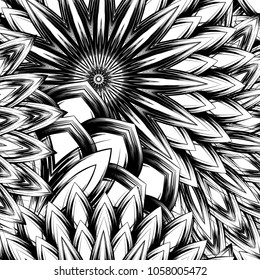 Seamless floral background. Tracery handmade nature ethnic fabric backdrop pattern with saturated dark flowers. Textile design texture. Decorative binary monochrome black and white art. Vector