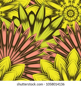 Seamless floral background. Tracery handmade nature ethnic fabric backdrop pattern with flowers. Textile design texture. Decorative color art. Vector