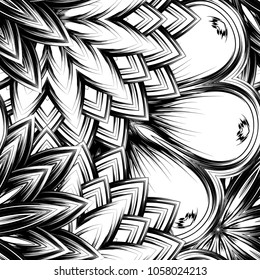 Seamless floral background. Tracery handmade nature ethnic fabric backdrop pattern with saturated dark flowers. Textile design texture. Decorative binary monochrome black and white art. Vector