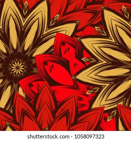 Seamless floral background. Tracery handmade nature ethnic fabric backdrop pattern with flowers. Textile design texture. Decorative color art. Vector