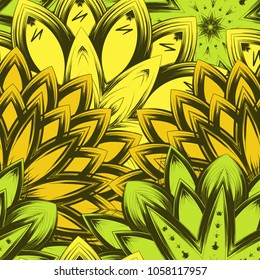 Seamless floral background. Tracery handmade nature ethnic fabric backdrop pattern with flowers. Textile design texture. Decorative color art. Vector