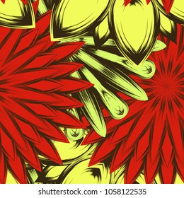 Seamless floral background. Tracery handmade nature ethnic fabric backdrop pattern with flowers. Textile design texture. Decorative color art. Vector