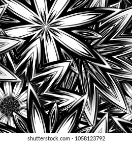 Seamless floral background. Tracery handmade nature ethnic fabric backdrop pattern with saturated dark flowers. Textile design texture. Decorative binary monochrome black and white art. Vector