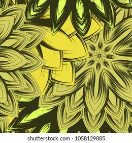 Seamless floral background. Tracery handmade nature ethnic fabric backdrop pattern with flowers. Textile design texture. Decorative color art. Vector