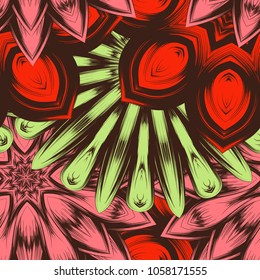 Seamless floral background. Tracery handmade nature ethnic fabric backdrop pattern with flowers. Textile design texture. Decorative color art. Vector