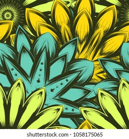 Seamless floral background. Tracery handmade nature ethnic fabric backdrop pattern with flowers. Textile design texture. Decorative color art. Vector