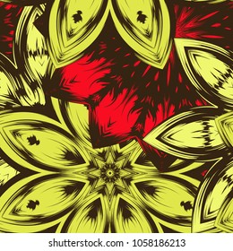 Seamless floral background. Tracery handmade nature ethnic fabric backdrop pattern with flowers. Textile design texture. Decorative color art. Vector