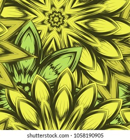 Seamless floral background. Tracery handmade nature ethnic fabric backdrop pattern with flowers. Textile design texture. Decorative color art. Vector