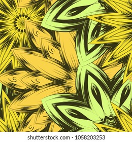 Seamless floral background. Tracery handmade nature ethnic fabric backdrop pattern with flowers. Textile design texture. Decorative color art. Vector