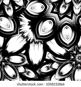 Seamless floral background. Tracery handmade nature ethnic fabric backdrop pattern with saturated dark flowers. Textile design texture. Decorative binary monochrome black and white art. Vector
