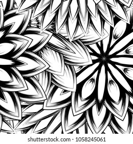 Seamless floral background. Tracery handmade nature ethnic fabric backdrop pattern with saturated dark flowers. Textile design texture. Decorative binary monochrome black and white art. Vector