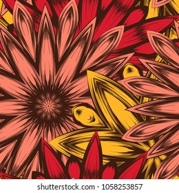 Seamless floral background. Tracery handmade nature ethnic fabric backdrop pattern with flowers. Textile design texture. Decorative color art. Vector