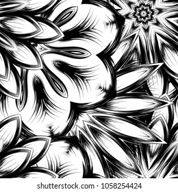 Seamless floral background. Tracery handmade nature ethnic fabric backdrop pattern with saturated dark flowers. Textile design texture. Decorative binary monochrome black and white art. Vector