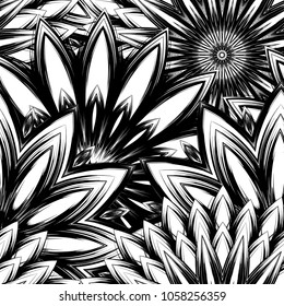 Seamless floral background. Tracery handmade nature ethnic fabric backdrop pattern with saturated dark flowers. Textile design texture. Decorative binary monochrome black and white art. Vector