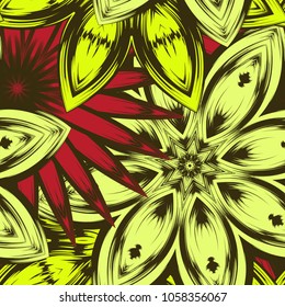 Seamless floral background. Tracery handmade nature ethnic fabric backdrop pattern with flowers. Textile design texture. Decorative color art. Vector