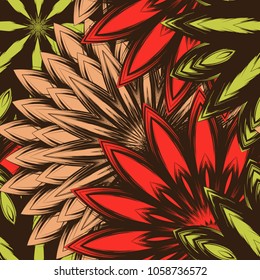 Seamless floral background. Tracery handmade nature ethnic fabric backdrop pattern with flowers. Textile design texture. Decorative color art. Vector