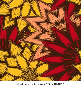 Seamless floral background. Tracery handmade nature ethnic fabric backdrop pattern with flowers. Textile design texture. Decorative color art. Vector
